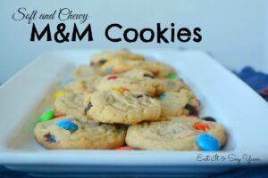 Perfectly soft and chewy m&m cookies from Eat It & Say Yum, plus tips how making a large batch and how to easily freeze it for use later
