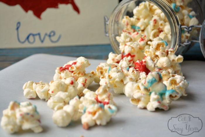 White Chocolate and Toffee Coated Popcorn  with a Patriotic Spin