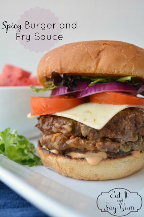 Chili and Cheese Stuffed Burgers with Spicy Burger and Fry Sauce from Eat It & Say Yum