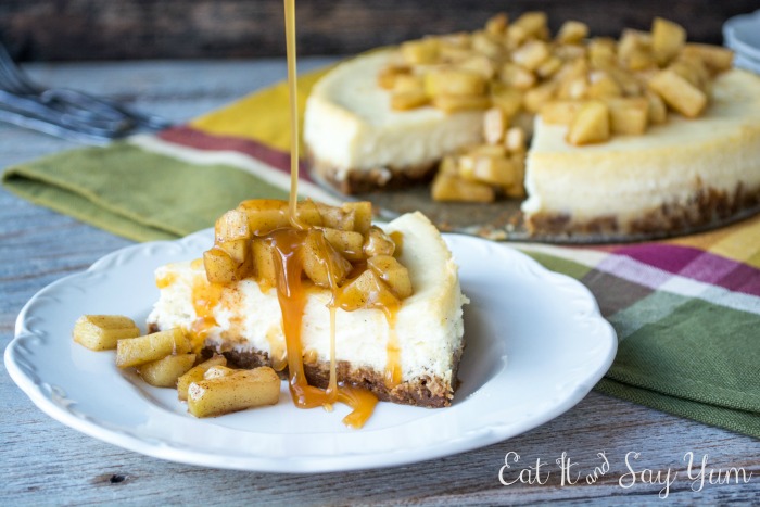 Vanilla Bean Cheesecake topped with Cinnamon Apples and drizzled with Caramel sauce