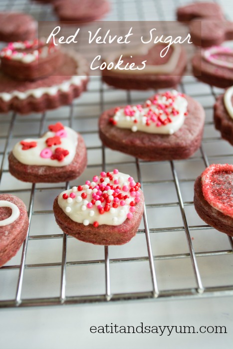 Red Velvet Sugar Cookies with a cream cheese frosting from eatitandsayyum.com