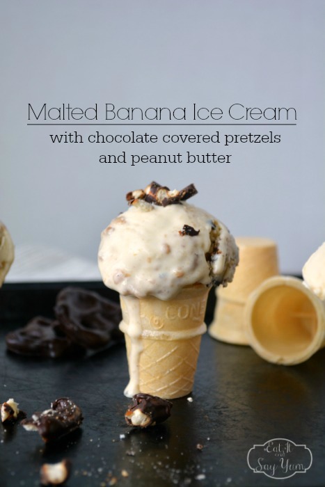 Creamy Malted Banana Ice Cream with Ribbons of Peanut Butter and Chocolate Covered Pretzels