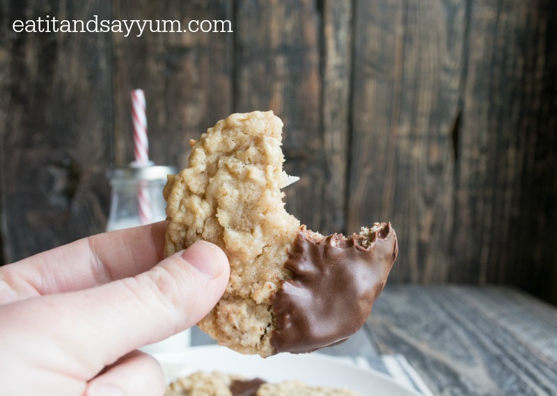 Coconut Oatmeal Cookies dipped in chocolate- from Eat It & Say Yum