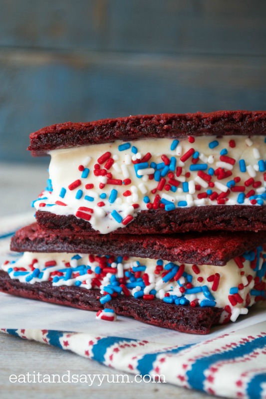 Patriotic Ice Cream Sandwiches with sprinkles