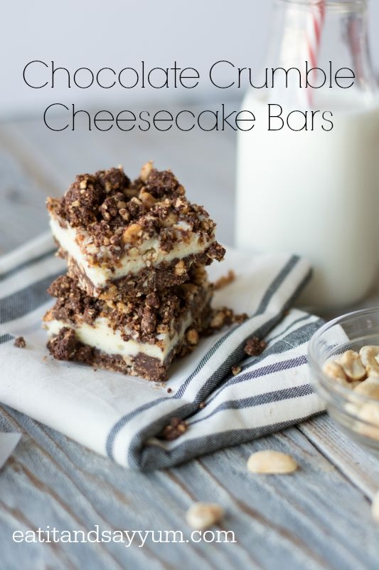 Chocolate Crumble Cheesecake Bars recipe- rich and creamy cheesecake between two layers of crunchy chocolate crusts