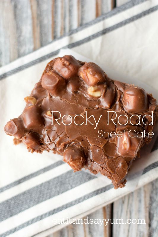 Rocky Road Sheet Cake- with marshmallows, peanuts, and lots of chocolate