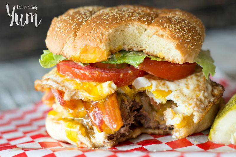 Kitchen Sink burgers- toasty buns, fried eggs, crispy bacon- everything you want in a burger!
