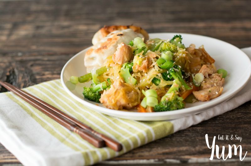 Spaghetti Squash Chow Mein recipe loaded with veggies and chicken- carb free, gluten free, healthy eating