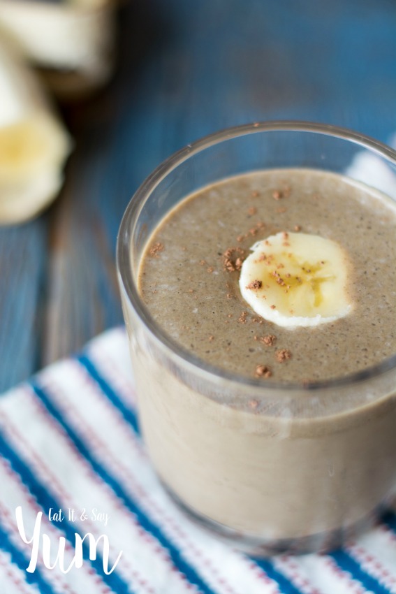 Chocolate Protein Smoothie with peanut butter and bananas in it, too!