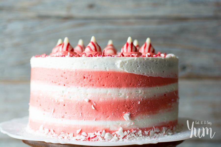 Frosted Candy Cane Cake with sprinkles and peppermints