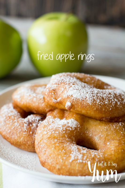 Fried Apple Rings- in a light batter, fried til golden, then top with cinnamon sugar, powdered sugar, syrup, or caramel sauce
